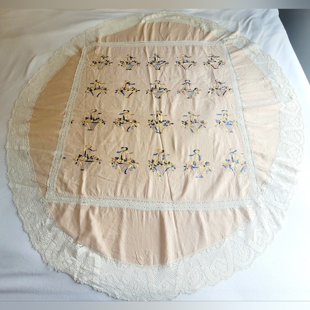 Vintage Handmade Linen Round Tablecloth Lace Ivory Floral Basket‎ Embroidery